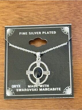 Fine Silver Plated Onyx and Marcasite Cross Pendant Necklace